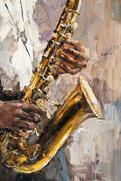 Stylish jazz band playing music on the scene, background is brown. Close-up fragment of  oil painting and brush. .The jazzman plays the sexophone.