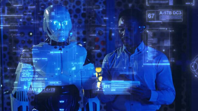 Couple of African Office Manager Trader Cooperating with Cybernetic Robot Colleague Examining Infographics Data Interactive Animation Virtual Reality in Office Workspace.