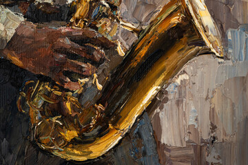 Stylish jazz band playing music on the scene, background is brown. Close-up fragment of  oil painting and brush. .The jazzman plays the sexophone.