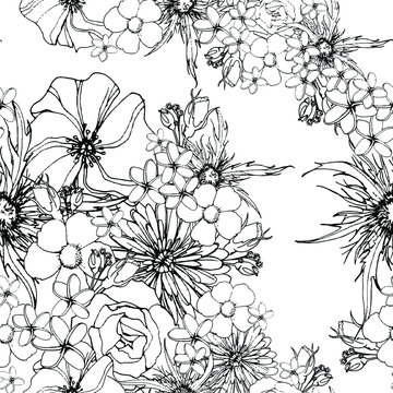 hand drawn flowers seamless pattern
