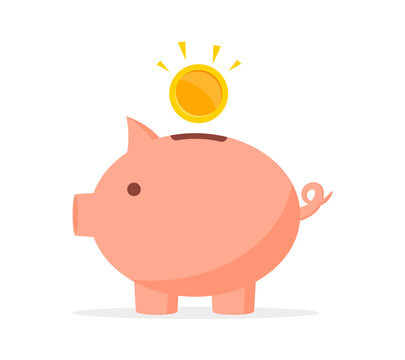 Piggy bank with coin in flat design. Concept of money saving, investment, accumulation of money and deposit. Flat icon for banking and finance. Vector illustration.