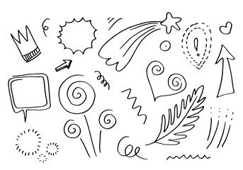 hand drawn set elements, black on white background. circle, leaf, heart, light, king, emphasis, bubble speech, arrow, star, vortex, for concept design.