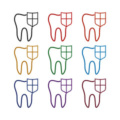 Tooth on shield protection logo icon isolated on white background color set