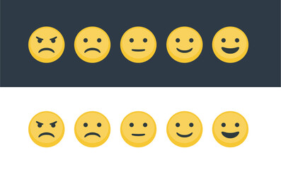 Set of yellow smiley emoticons on dark and white background for chat or rating