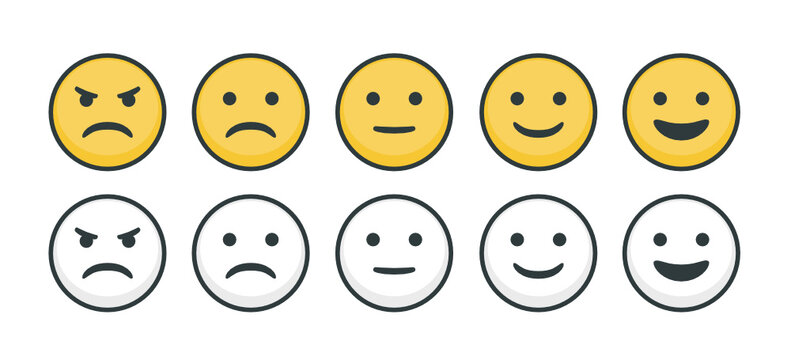 Set of yellow outline smiley emoji flat vector icons