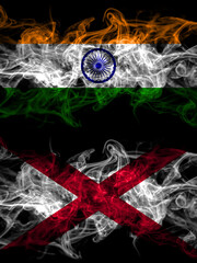 India, Indian vs Alabama, Alabamian smoky mystic flags placed side by side. Thick colored silky abstract smoke flags.