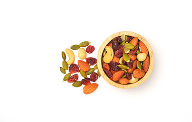  mixed nuts in white wooden bowl on white background ,macadamia, almonds, hazelnuts and cashew. top view