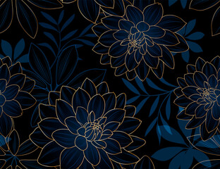 Luxury golden seamless hand-drawing floral background with flower dahlia. Vintage illustration for design of wallpaper, gift paper packaging.