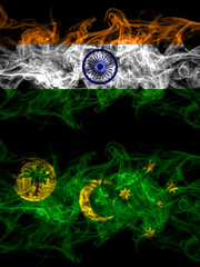 India, Indian vs Australia, Australian, Cocos Islands smoky mystic flags placed side by side. Thick...