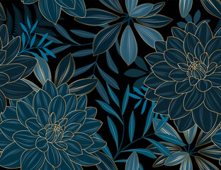 Seamless floral background with dahlia flower.
Illustration for gift paper packaging, wallpaper design.