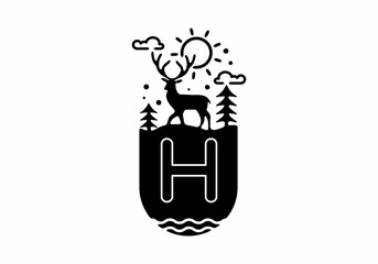 Black line art illustration of deer badge with H initial name in the middle