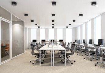 Working area in modern office with carpet floor and meeting room. interior 3d rendering
