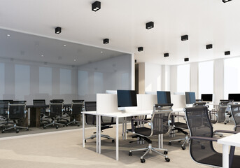 Working area in modern office with carpet floor and meeting room. interior 3d rendering