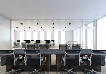 Working area in modern office with carpet floor and meeting room. interior 3d rendering