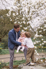 Happy young father holding his daughter on his lap when brother hugs her. Warmly dressed. Background of magnolia blossoms.