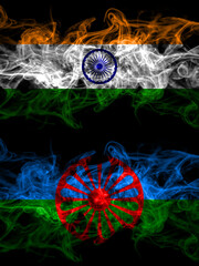India, Indian vs Gipsy smoky mystic flags placed side by side. Thick colored silky abstract smoke flags.