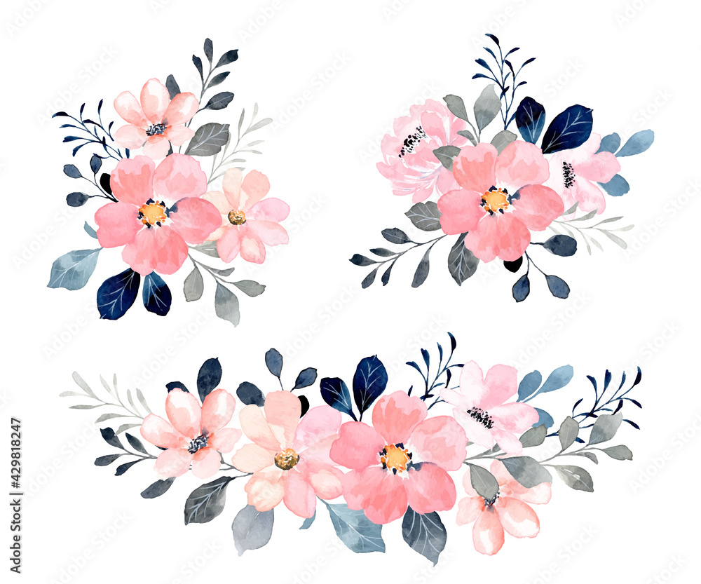 Wall mural Pink floral bouquet collection with watercolor