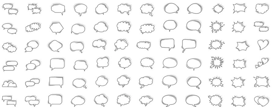 Cartoon talk bubble. Speech clouds, thinking bubbles and conversation text elements vector illustration set. Empty speech and thought bubbles in pop art style. Good scaling. Perfect transparency