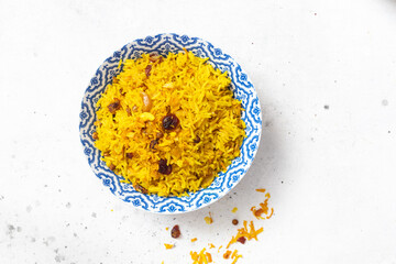 Vegetarian Mujaddara-Rice with Lentils and Turmeric. Traditional Arabic , Israeli food.