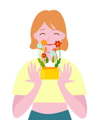 A cute blonde woman or girl holds a jar of cream, flowers and plants in her hands. Vector stock beauty illustration. The concept of natural, vegan cosmetics. Isolated on white object