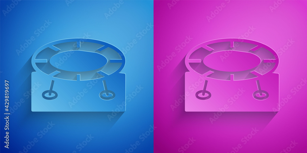 Sticker Paper cut Jumping trampoline icon isolated on blue and purple background. Paper art style. Vector