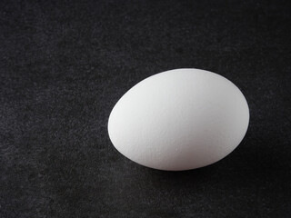 A white egg on a dark background. The concept of minimalism. Side view. A card with a copy of the place for the text.