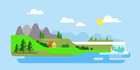 Landscape nature house with waterfall. Flat design. 