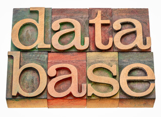 database isolated word abstract in vintage letterpress wood type stained by color inks, information...