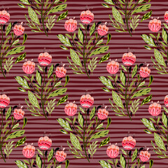 Hand drawn pink flowers print in ethnic style seamless pattern. Maroon pale background with strips.