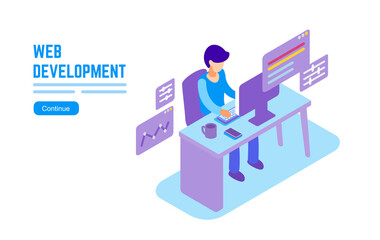 Programmer isometric man. Programming concept, webpage engineer work. 