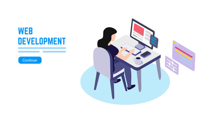 Woman, brunette, in office working at computer. Landing page template of Standing Desk isometric.