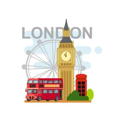 Foto op Canvas London Symbols Travel Time Set in Flat Style. Big Ben, bus and phone booth © bioraven