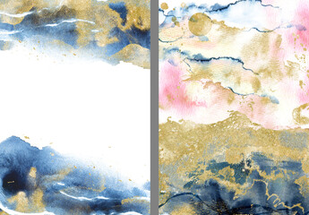 Gold, pink and navy blue watercolor texture design. Brush stroke frame, border. High quality illustration