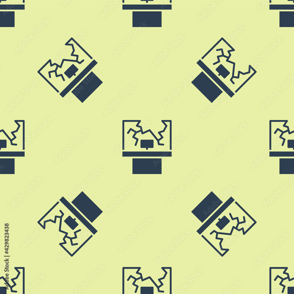 Poster blue broken window icon isolated seamless pattern on yellow background. damaged window. beaten windo