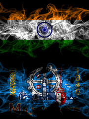 India, Indian vs United States of America, America, US, USA, American, Milwaukee, Wisconsin smoky mystic flags placed side by side. Thick colored silky abstract smoke flags.