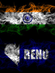 India, Indian vs United States of America, America, US, USA, American, Reno, Nevada smoky mystic flags placed side by side. Thick colored silky abstract smoke flags.