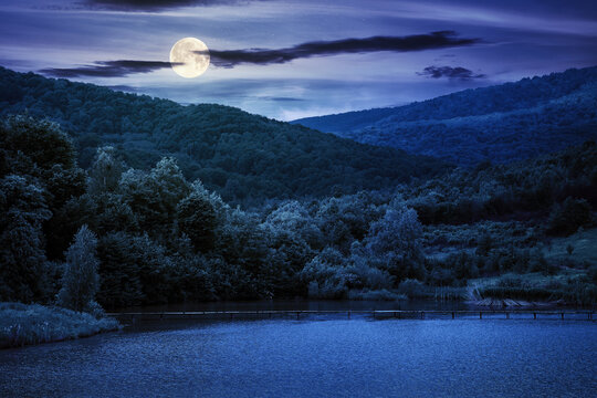 mountain scenery with lake in spring at night. wonderful rural landscape with deciduous trees on the shore in full moon light. clouds on the sky