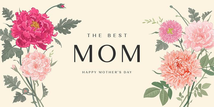 Mother's day poster or banner with hand drawn flowers on light background. Vector illustration