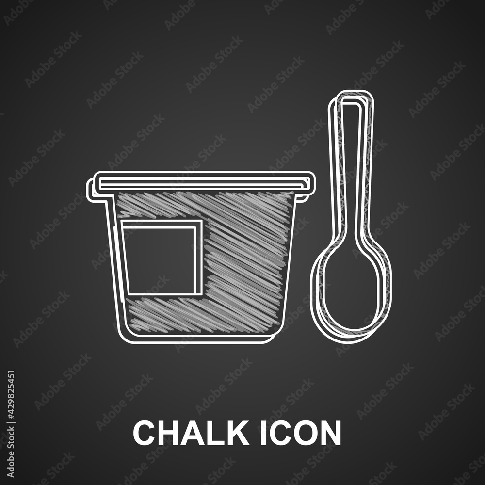 Poster chalk yogurt container with spoon icon isolated on black background. yogurt in plastic cup. vector