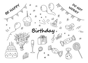 Set of hand-drawn birthday elements.Collection of different objects for a good mood.Doodle drawing style, minimalism,sketch.Isolated.Holiday vector illustration