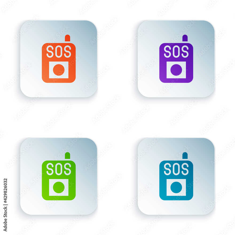 Poster color press the sos button icon isolated on white background. set colorful icons in square buttons. 
