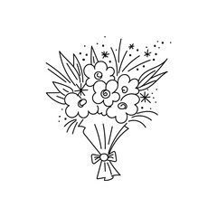 Hand drawn bouquet with flowers, decorated with dots, twigs, bow. Doodle drawing style, minimalism, scetch. Isolated. Holiday vector illustration