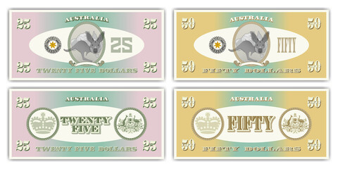 Fictional paper money of Australia. Obverse and reverse of 25 and 50 dollar banknotes. Cartoon kangaroo in an oval, a coat of arms from thin lines and ribbon