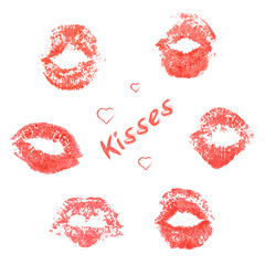 Fototapeta premium Set of prints of female mouths. Traces of red women's lipstick. Kisses, romantic decorations for Valentine's Day. Isolated. Holiday vector illustration