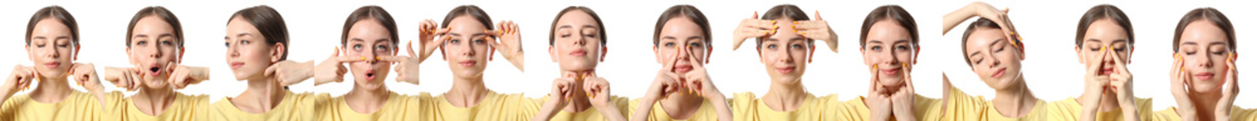 Young woman doing face building exercises against white background