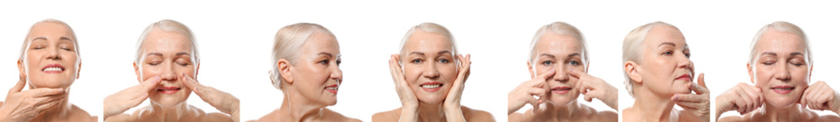 Mature woman giving herself face massage on white background