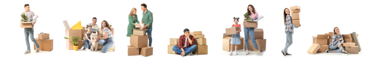Different people with moving boxes on white background - Powered by Adobe