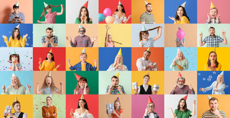 Group of people in party hats on color background