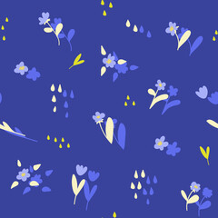 Seamless pattern with flowers, florets, sprigs, drops.Endless spring background. Blooming Backdrop. Vector illustration