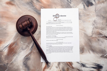 Judge's gavel, rings and divorce decree on color background